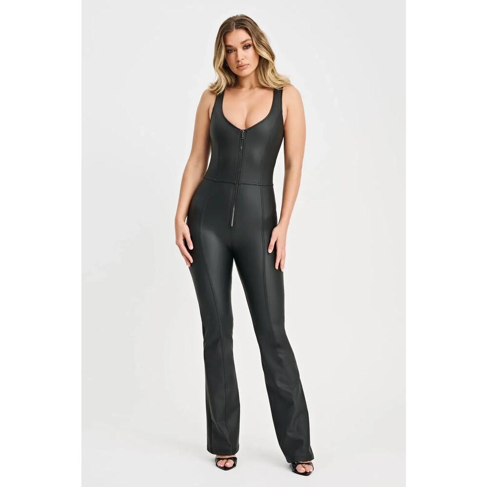 Freddy WR.UP Black Faux Leather Shaping Jumpsuit - Flare Leg - Size Small